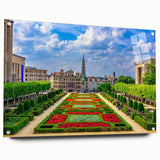 Acrylic print of a European cityscape in muted colors, ideal for dining room art.