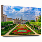 Large abstract wall art of a European scenery in muted earth tones on acrylic glass, ideal for bedroom or dining room decor.