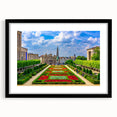 Extra large, colorful abstract art print of a European scenery in a black frame with mat, suited for living room decor.