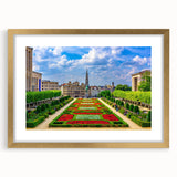 Extra large abstract art print of European scenery in muted earth tones, framed with a gold mat, ideal for living room decor.