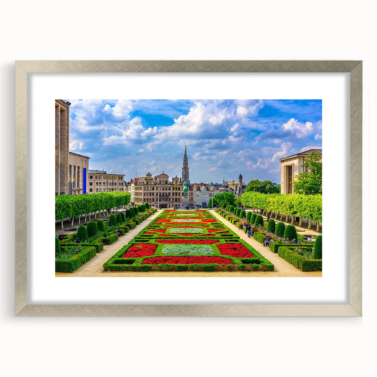 Textured abstract art print of a European scenery in muted earth tones, framed in silver, suitable for bedroom decor.