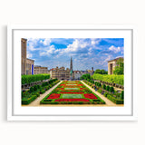 Abstract art print of a European scenery in muted watercolor shades on a white matted frame, ideal for dining room decor.