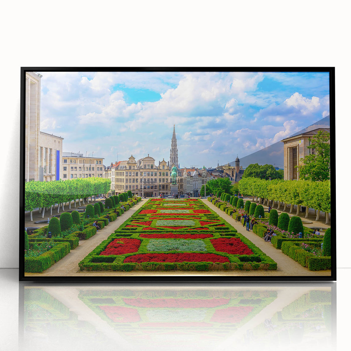 Large abstract wall art depicting a European cityscape in muted gray and blue tones on a black framed acrylic print.
