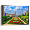Black and white framed canvas depicting a vintage European landscape, ideal for bedroom wall art.