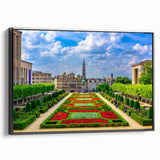 Black and white framed canvas depicting a vintage European landscape, ideal for bedroom wall art.
