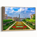 Framed canvas featuring a vintage-style landscape painting of a Belgian scenery in black and gold tones.