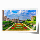 Extra large rolled print depicting a European scenery with vibrant floral elements, ideal for dining room wall art.
