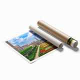 Extra large rolled print of a European scenery with vibrant floral elements, ideal for classy bathroom wall art.