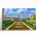 Black and white photograph of a European cityscape on stretched canvas, suitable as large kitchen wall art.