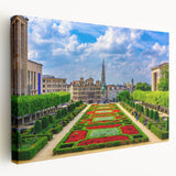Large stretched canvas depicting a serene European landscape in soft pastel colors, suitable for kitchen wall art.