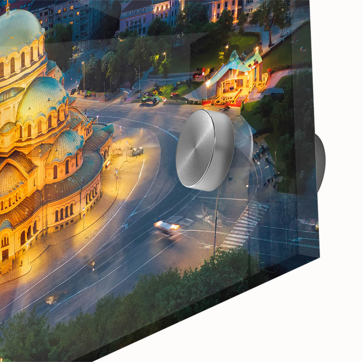 Large abstract wall art depicting a European scenery in muted earth tones on acrylic glass, ideal for dining room art.