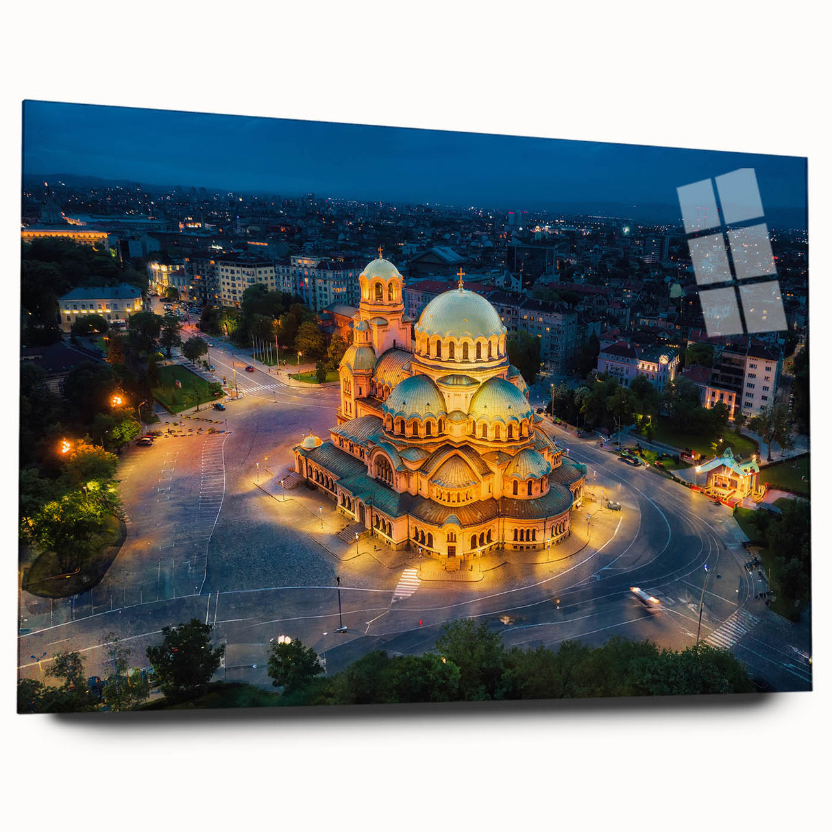 Large abstract wall art depicting a serene Bulgarian landscape in muted earth tones on acrylic glass.