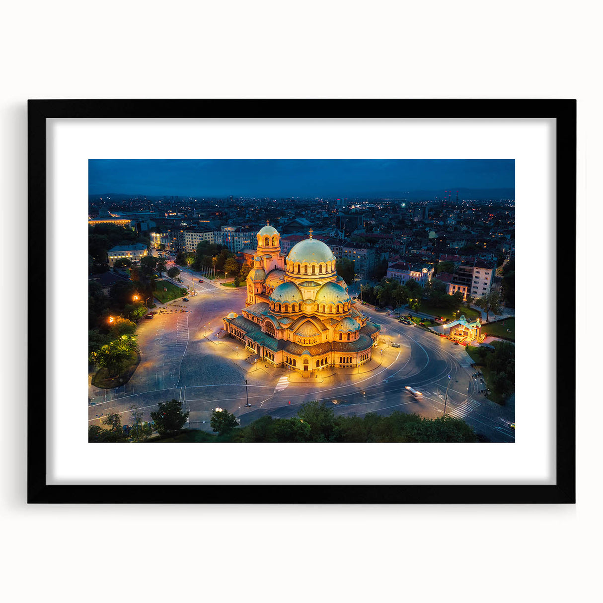 Extra large abstract art print of colorful, textured European scenery on a black framed canvas, ideal for living room decor.