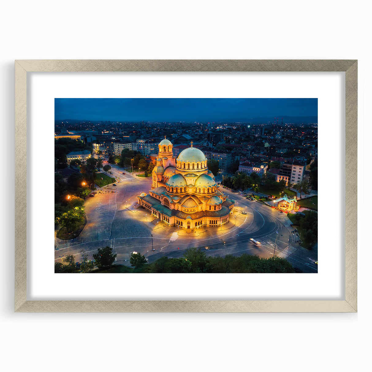 Extra large abstract art print featuring textured scenery of Bulgaria in muted earth tones, framed in silver.