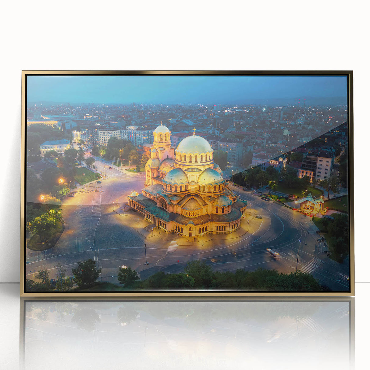 Art deco poster featuring a European Bulgarian scenery in muted gold tones on a framed acrylic.
