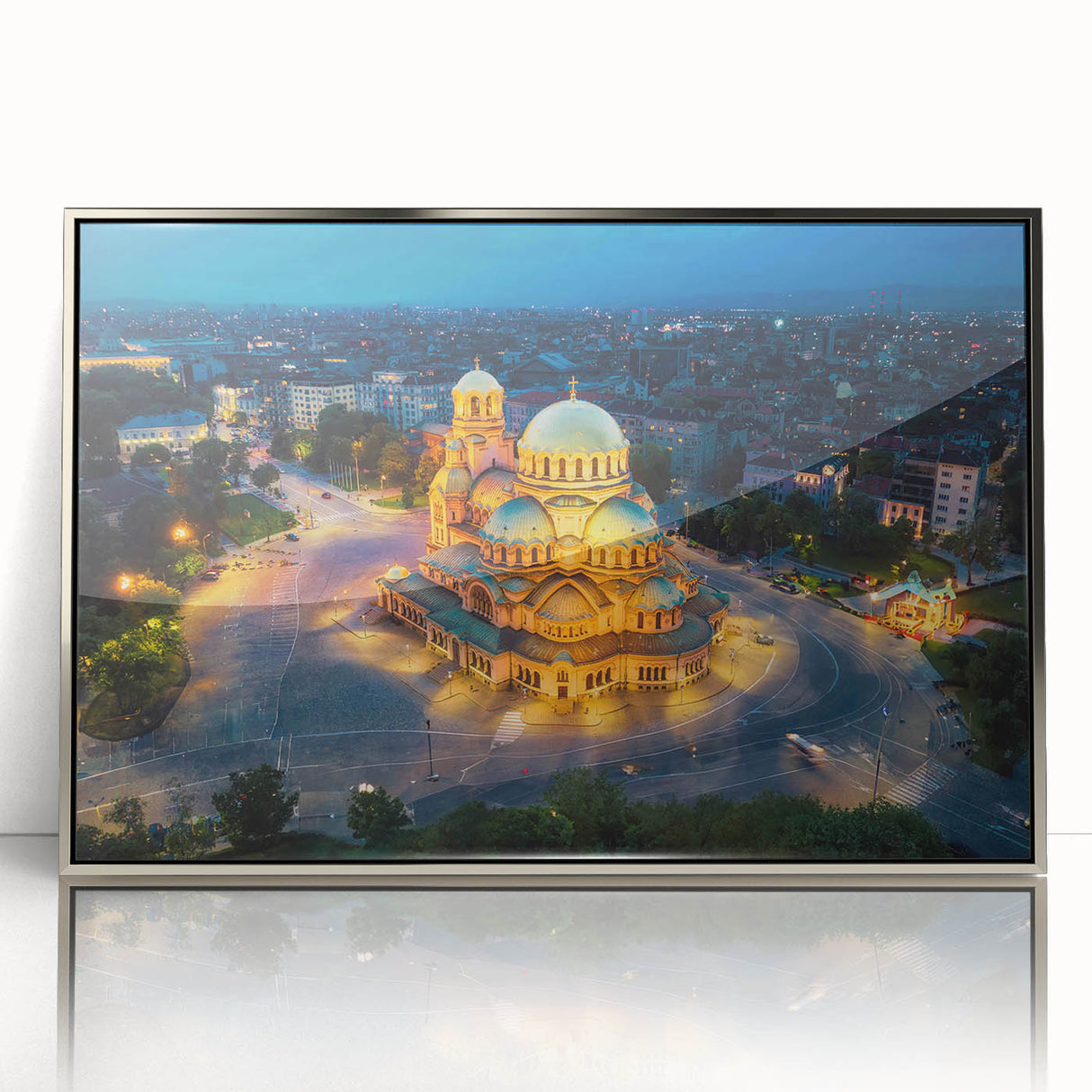 Large acrylic print of a mid-century modernist European scenery in silver frame, ideal for nursery wall art.