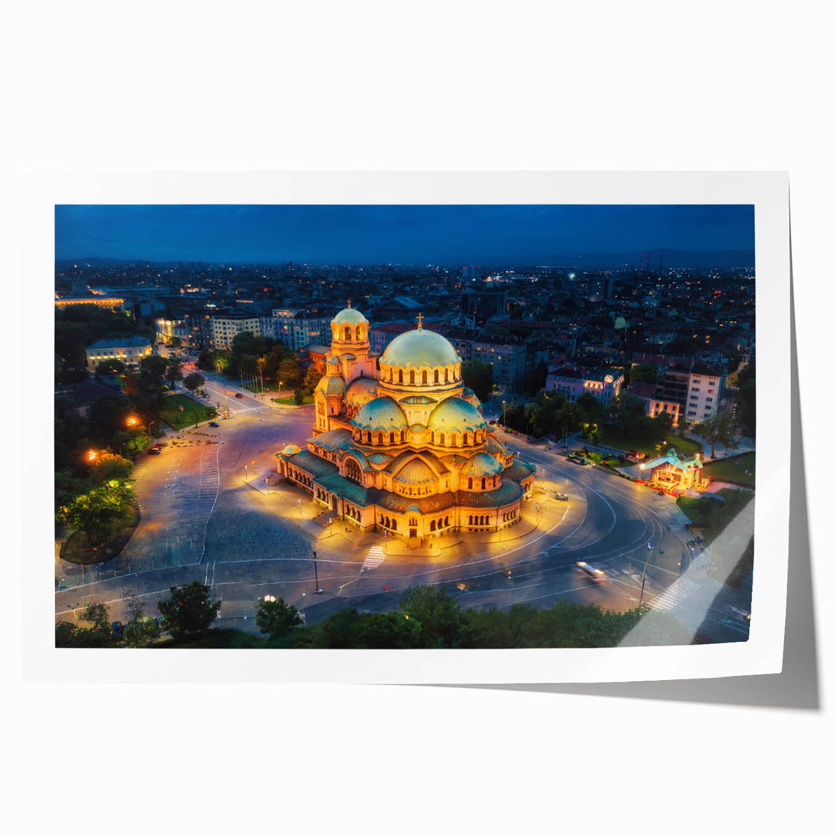Rolled print of a Bulgarian landscape with vibrant green fields and blue skies, ideal for dining room wall art.