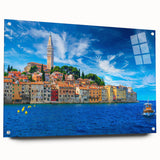 Acrylic print of a European Croatian landscape in muted earth tones, ideal for dining room decor.