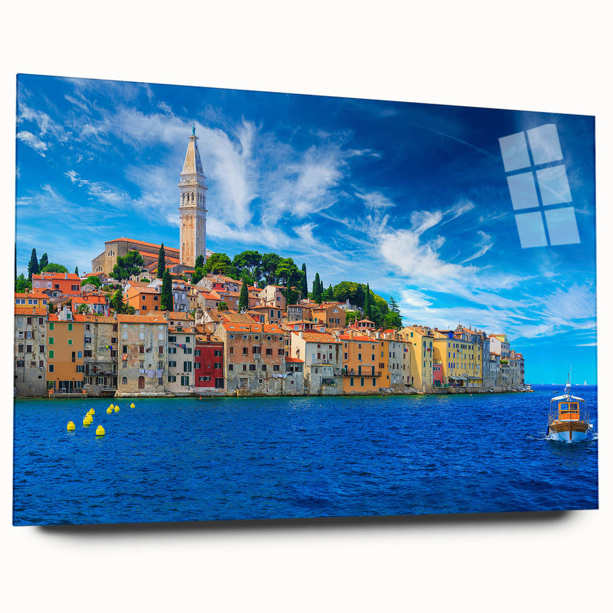 Acrylic print of a large abstract depiction of a European Croatian landscape in muted earth tones.