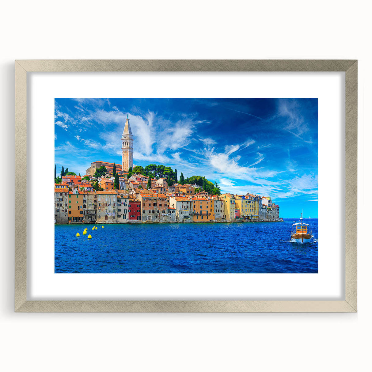 Extra large abstract art print of a Croatian landscape in muted earth tones, framed in silver, ideal for living room decor.
