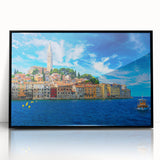 Large abstract wall art depicting a Croatian coastal scene in muted blue tones on a framed acrylic.