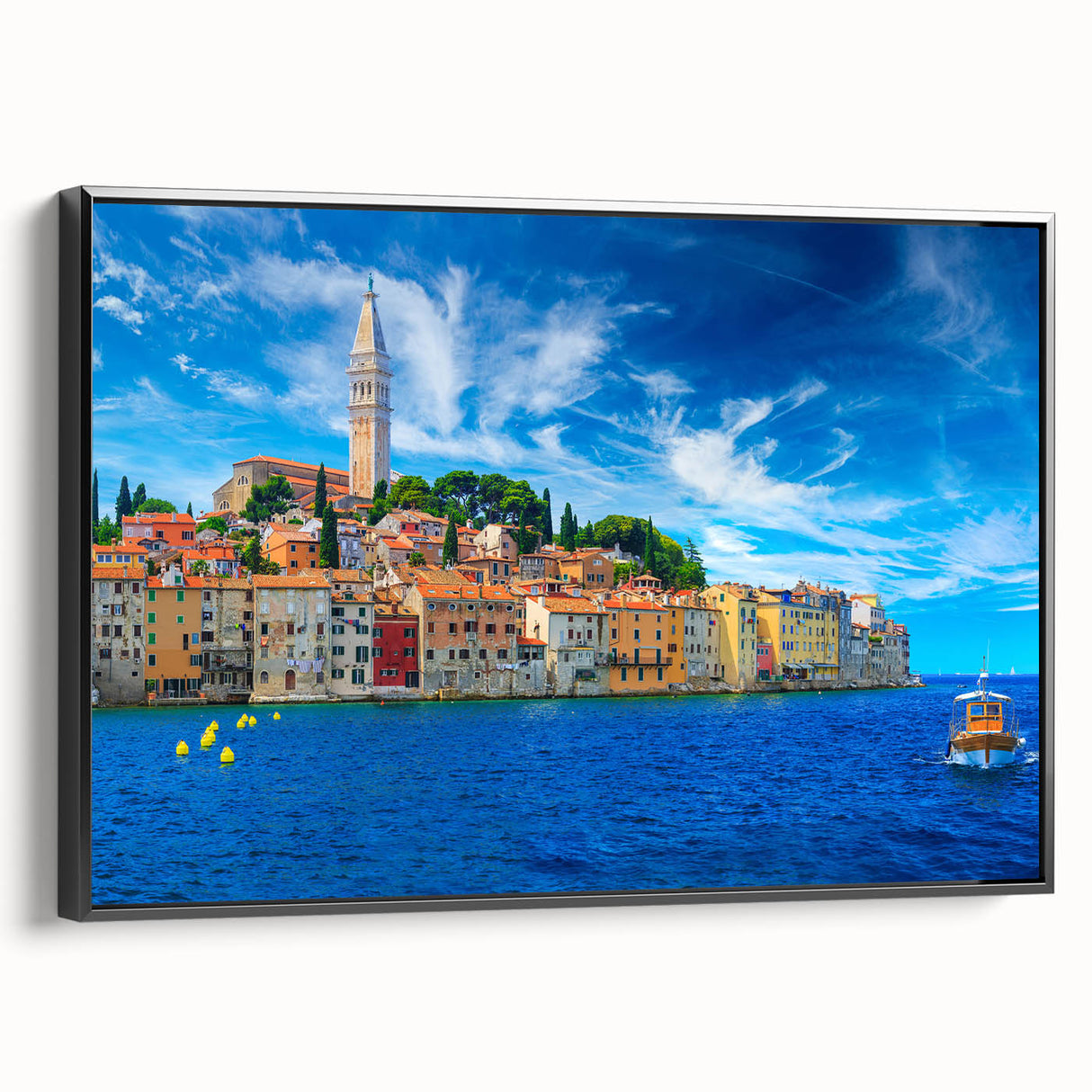 Black and white framed canvas of a Croatian landscape, ideal for bedroom wall decor, featuring vintage poster style.