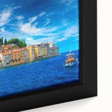 Extra large framed canvas featuring a textured depiction of a European Croatian scenery in black with colorful art accents.