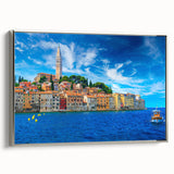 Framed canvas featuring a vintage-style landscape painting of the Croatian coastline in vibrant hues.