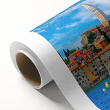 Art deco poster of a scenic Croatian landscape on rolled canvas, in muted earth tones, ideal for nursery wall art.