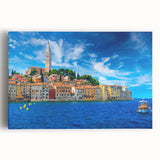 Black and white photo of a Croatian coastal town on stretched canvas, ideal for kitchen wall art.