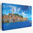A panoramic landscape of a Croatian coastline, depicted in muted earth tones on a large stretched canvas.