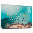 Acrylic glass print of a large abstract depiction of European scenery, with vibrant blue and green tones.