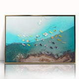 Art deco poster of a European Cyprus landscape, rendered in muted gold and blue tones on a framed acrylic.