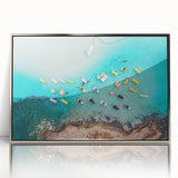 Large art print of a European Cyprus landscape in silver framed acrylic, featuring mid-century modernist style.