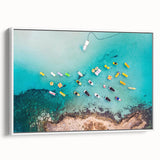 Vintage poster art of a European Cyprus scenery on extra large framed canvas, featuring colorful art with black edges.