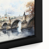 Extra large framed canvas of Prague scenery in black with colorful, textured art details, ideal for living room decor.