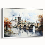 Vintage poster art of Prague in vibrant colors on extra large framed canvas, ideal for living room decor.