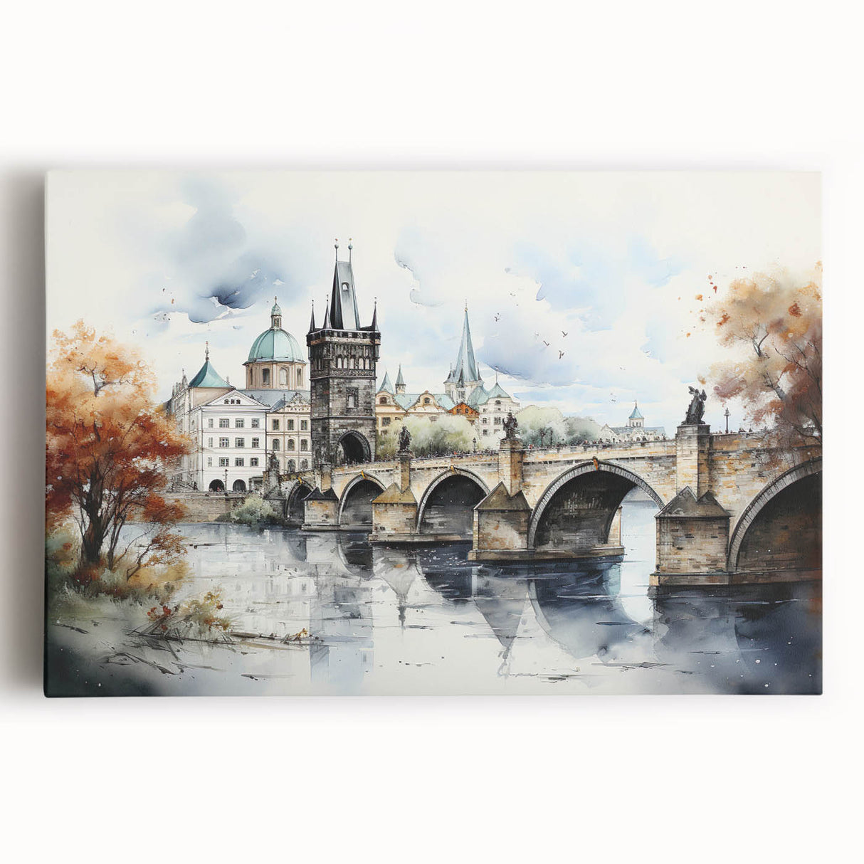 Black and white stretched canvas of Prague skyline, ideal for kitchen wall art or bedroom ambiance.