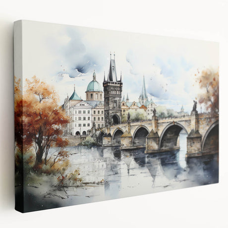 Prague cityscape with muted earth tones on a large stretched canvas, suitable for kitchen wall art.