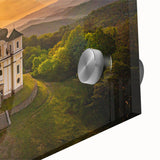 Large abstract wall art depicting a European Czech scenery in mid-century modernist style on acrylic glass.