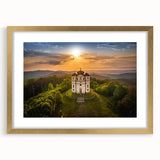 Abstract art print of a Czech Republic scenery in muted earth tones, framed in gold, ideal for dining room decor.