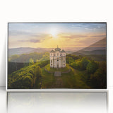 Mid-century modernist art depicting a Czech Republic landscape in muted colors on a framed acrylic.