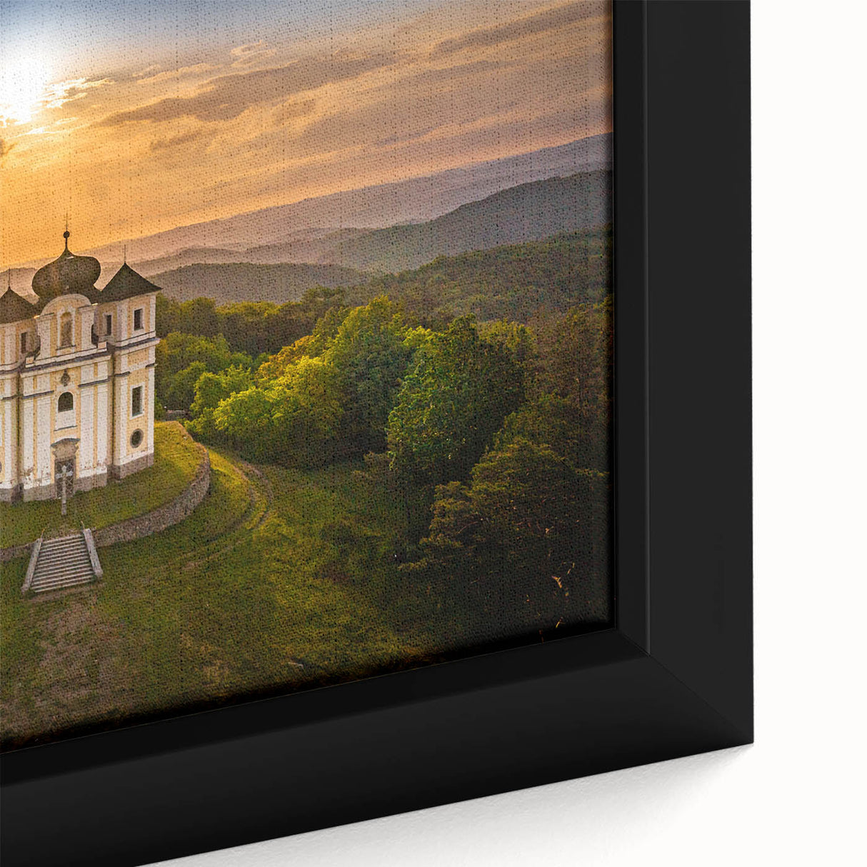 Extra large framed canvas of a textured Czech Republic scenery in black with colorful art accents.