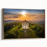 Framed canvas wall art depicting a vintage-style Czech Republic landscape in muted gold and black tones.