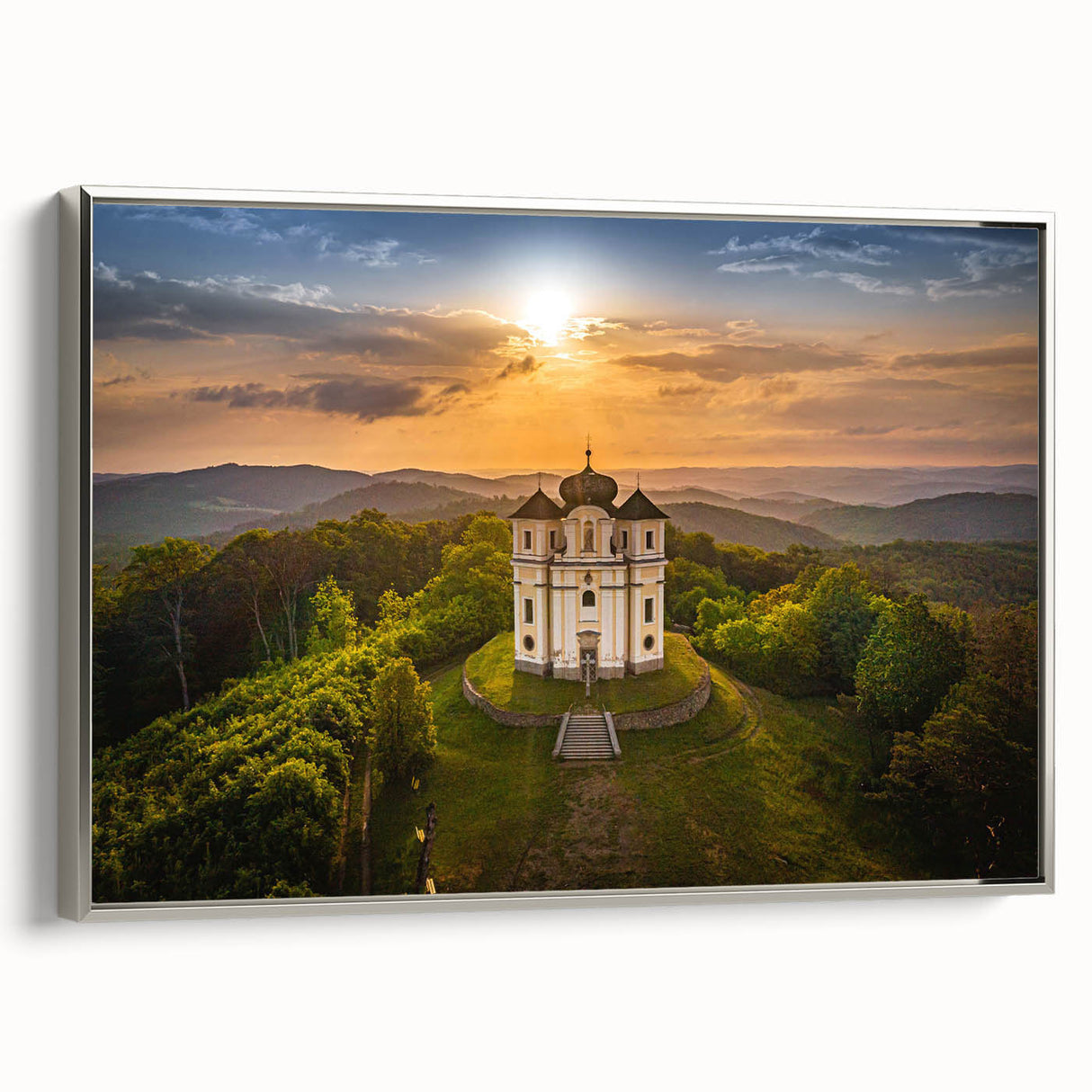 Framed canvas landscape art painting featuring a vintage-style Czech Republic scenery in colorful art tones.