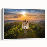 Vintage poster art of a Czech Republic scenery in vibrant colors on a framed canvas, ideal for living room decor.