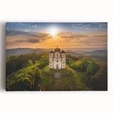 Black and white photograph of a European cityscape on stretched canvas, suitable as large kitchen wall art.