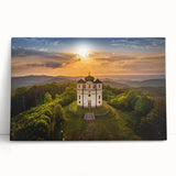 Black and white photograph of a European cityscape printed on large stretched canvas, ideal for kitchen wall art.