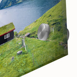 Large abstract wall art featuring a mid-century modernist design of Denmark scenery in muted earth tones on acrylic glass.