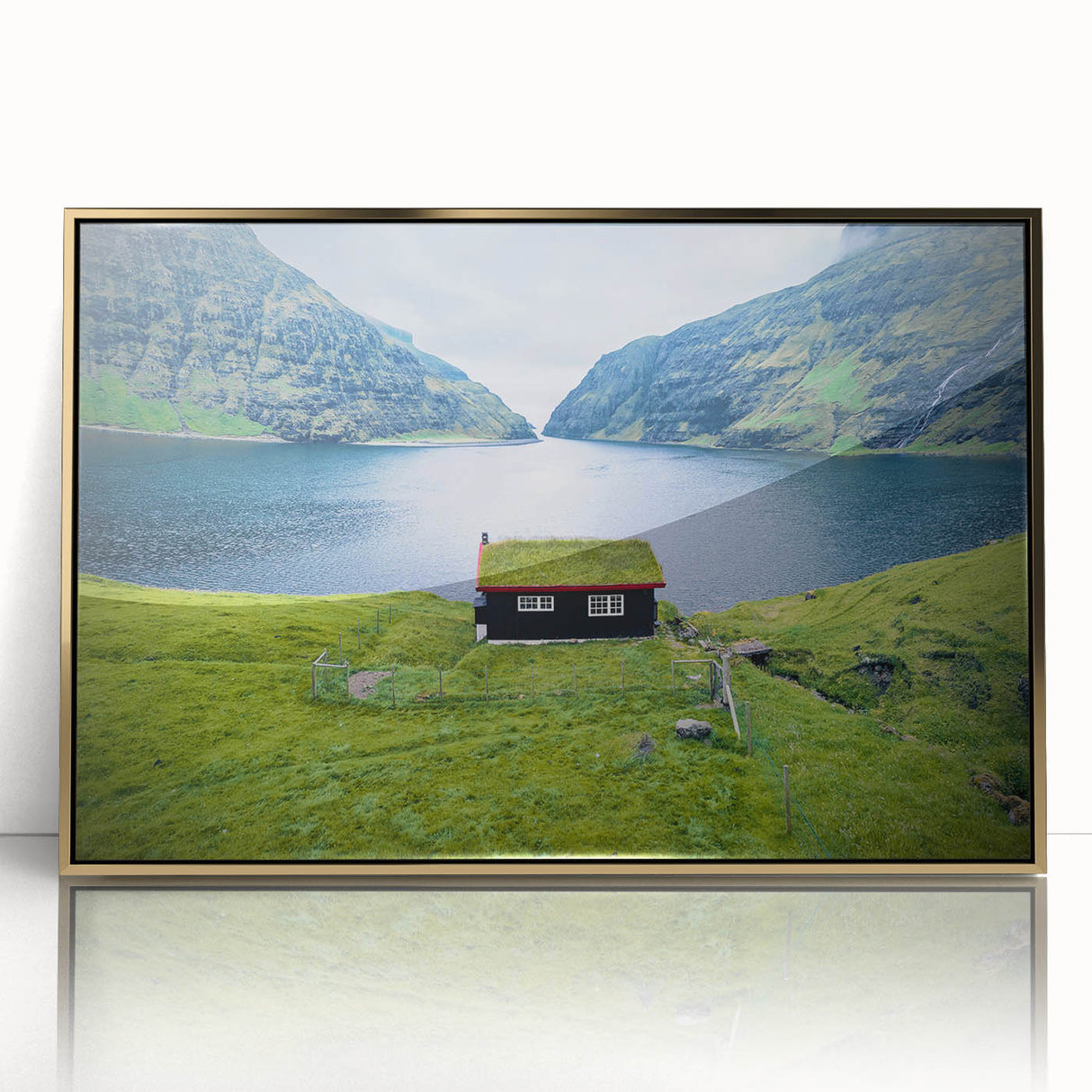 Art Deco poster of a European scenery in Denmark, depicted in muted gold tones on a framed acrylic.